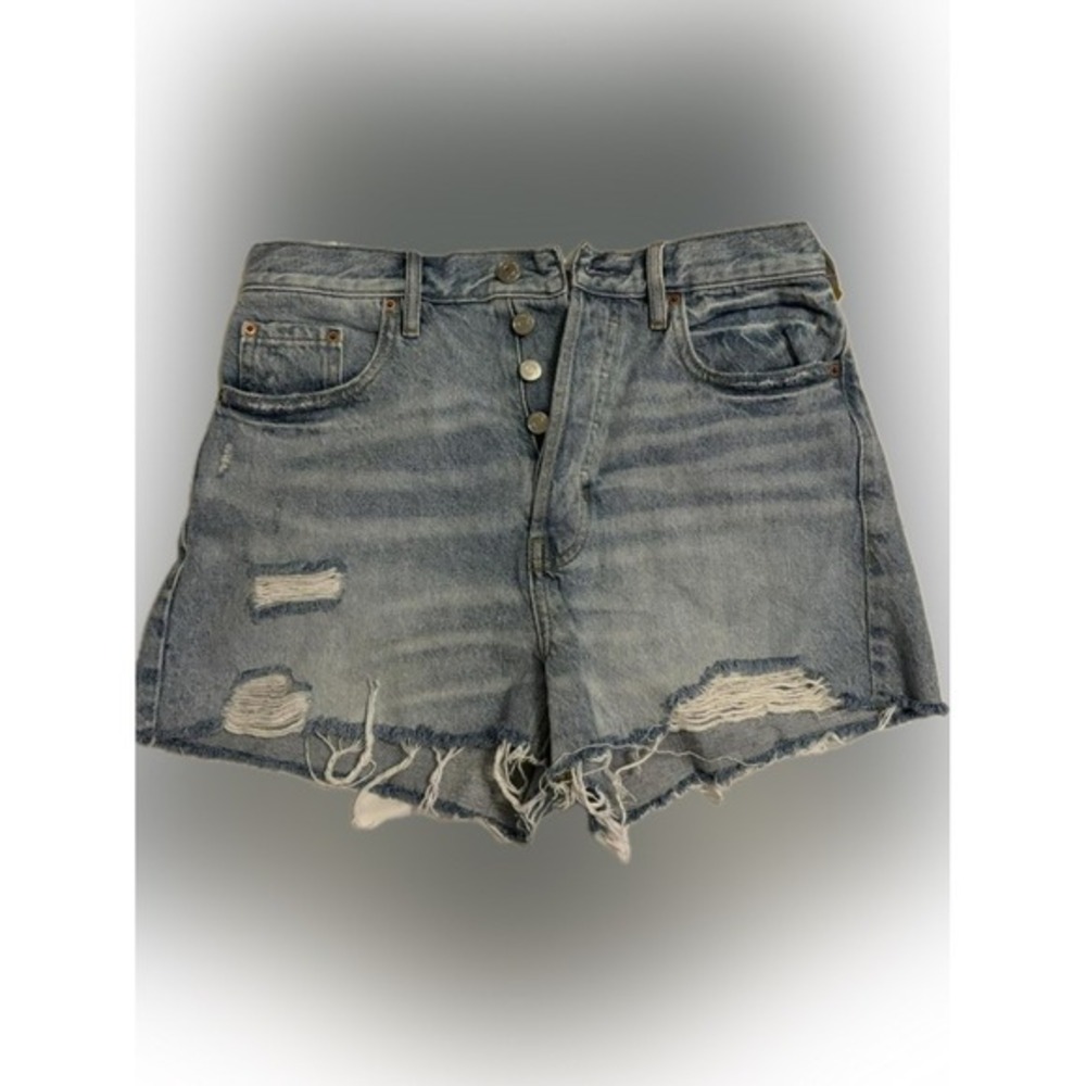 High Rise Distressed Denim Shorts Button Fly Ripped Raw Hem Cutoffs Size 27